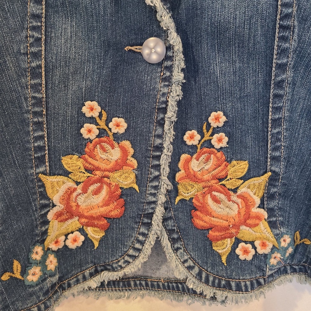 Kikit Jeans Womens XL Y2K Denim Blazer Floral Embroidered Frayed Western Jacket - Picture 2 of 6